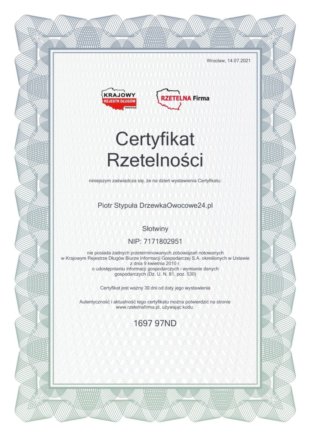 certyfikat rzetelna firma drzewkaowocowe24.pl
